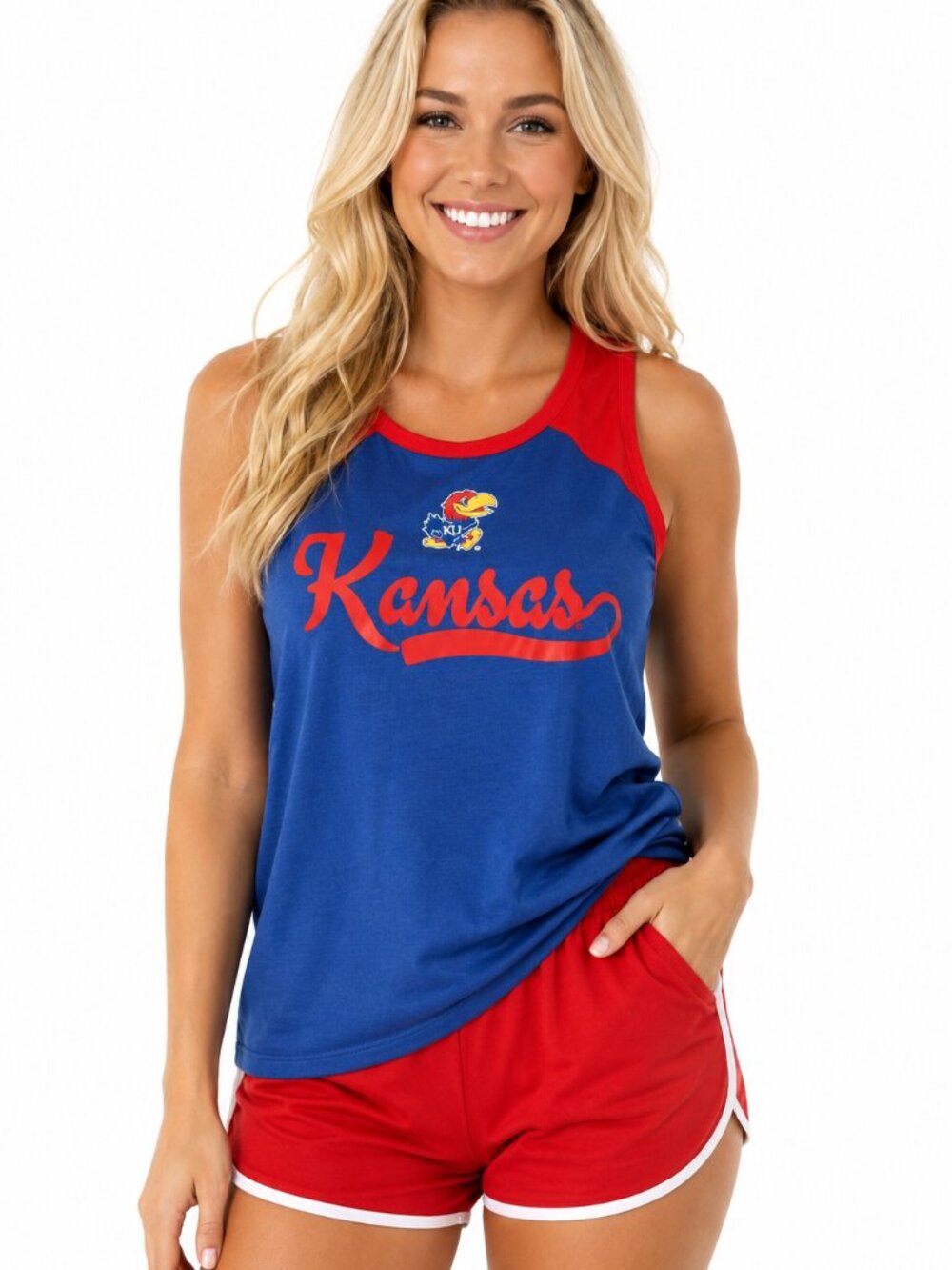 Kansas Jayhawks Womens T Shirt Size Large 12/14 Tank Top Script Logo Blue Red